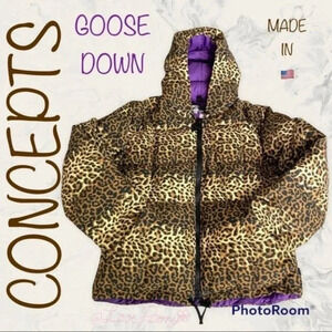 CONCEPTS Men’s GOOSE DOWN Puffer Hooded Jacket Leopard Print Size M